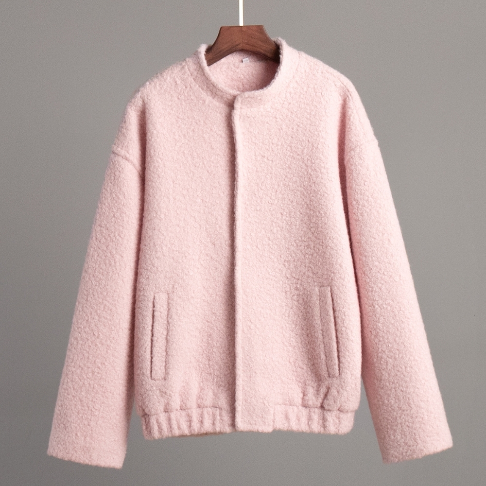 Pink Short Fur Jacket Coat For Women Autumn Winter Casual Stand Collar - Picture 9 of 9